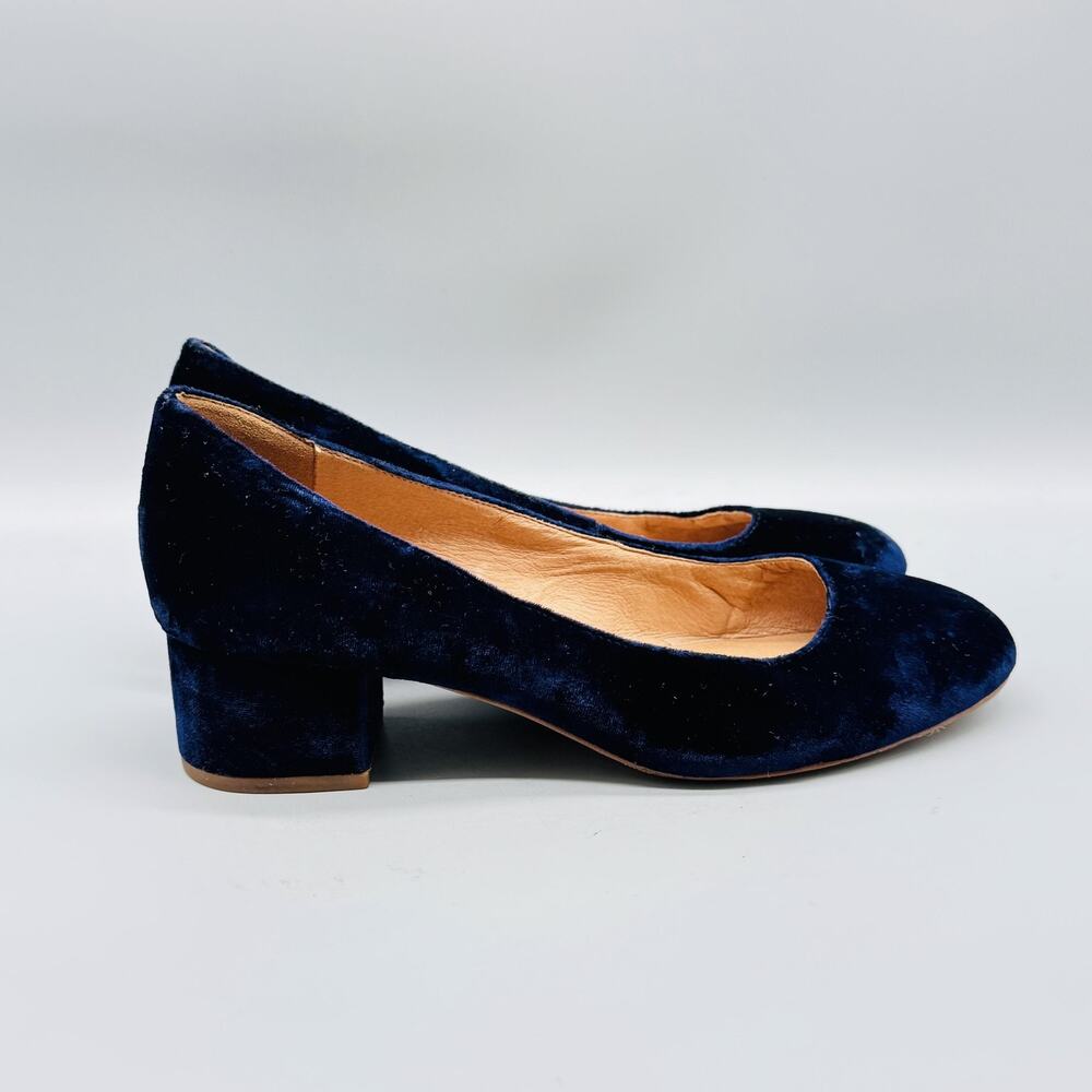 Madewell Shoes Womens 7.5 Blue Velvet Pumps Court Block Heel Slip On Round Toe